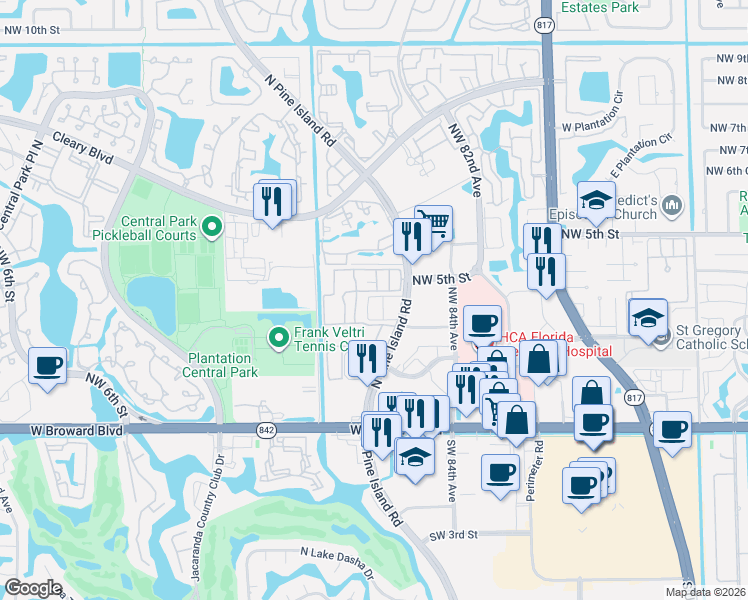 map of restaurants, bars, coffee shops, grocery stores, and more near 485 North Pine Island Road in Plantation