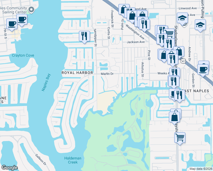 map of restaurants, bars, coffee shops, grocery stores, and more near 3021 Sandpiper Bay Circle in Naples