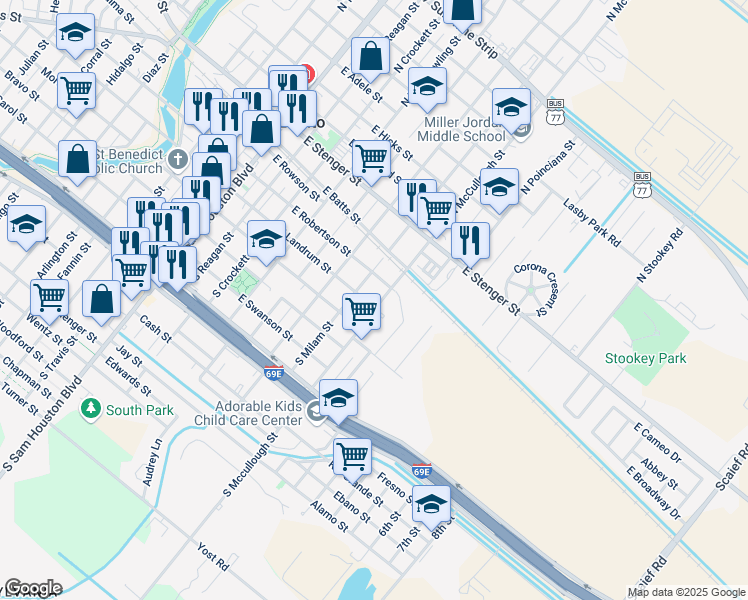 map of restaurants, bars, coffee shops, grocery stores, and more near 700-798 E Landrum St in San Benito