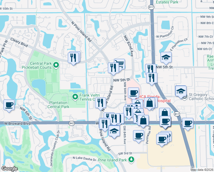 map of restaurants, bars, coffee shops, grocery stores, and more near 485 North Pine Island Road in Plantation