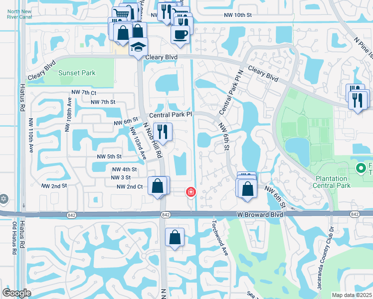 map of restaurants, bars, coffee shops, grocery stores, and more near 291 Northwest 100th Avenue in Plantation