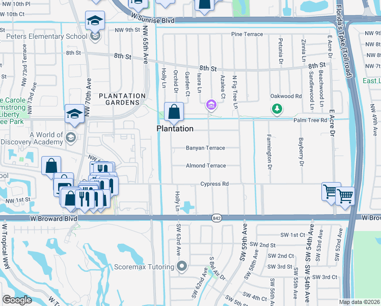 map of restaurants, bars, coffee shops, grocery stores, and more near 6200 Banyan Terrace in Plantation