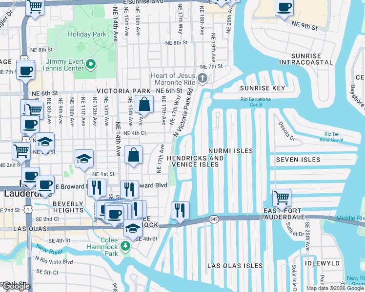 map of restaurants, bars, coffee shops, grocery stores, and more near 225 North Gordon Road in Fort Lauderdale