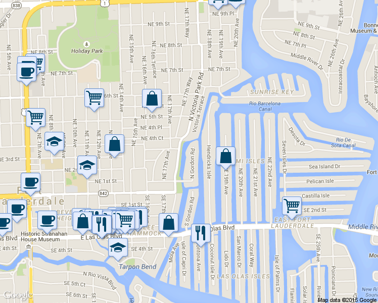 map of restaurants, bars, coffee shops, grocery stores, and more near 225 North Gordon Road in Fort Lauderdale