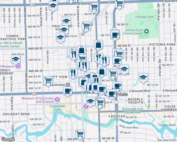 map of restaurants, bars, coffee shops, grocery stores, and more near 117 Northeast 3rd Street in Fort Lauderdale