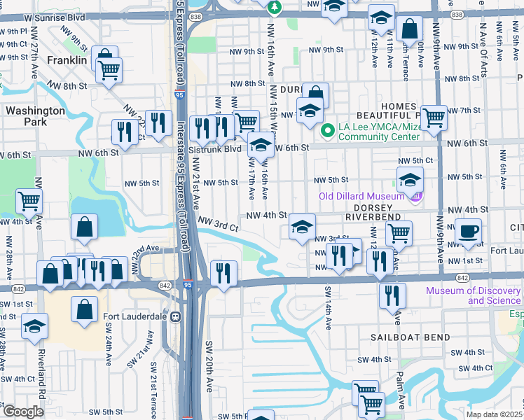 map of restaurants, bars, coffee shops, grocery stores, and more near 1601 Northwest 4th Street in Fort Lauderdale