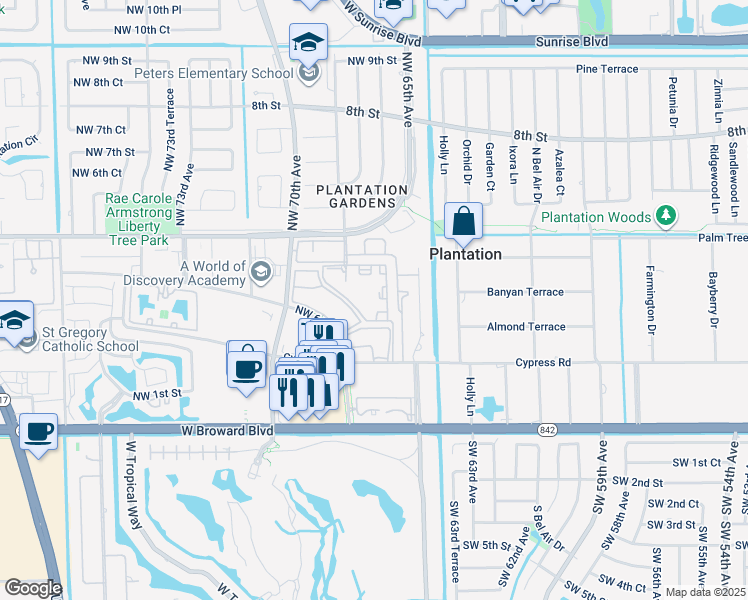 map of restaurants, bars, coffee shops, grocery stores, and more near 255 Northwest 68th Avenue in Plantation