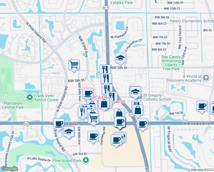 map of restaurants, bars, coffee shops, grocery stores, and more near in Plantation