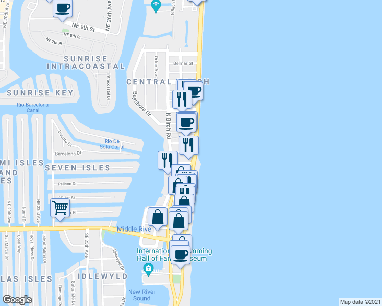 map of restaurants, bars, coffee shops, grocery stores, and more near 3024 Seville Street in Fort Lauderdale