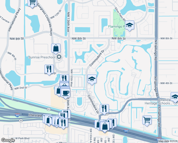 map of restaurants, bars, coffee shops, grocery stores, and more near 13284 Northwest 5th Street in Plantation