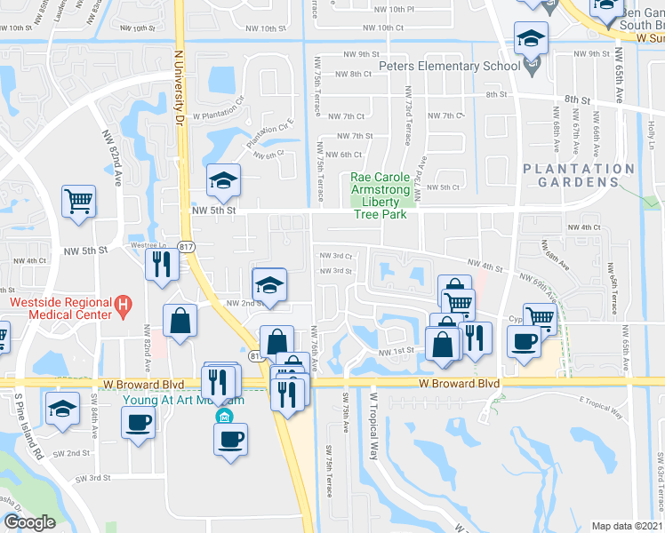 map of restaurants, bars, coffee shops, grocery stores, and more near 7545 Northwest 3rd Street in Plantation