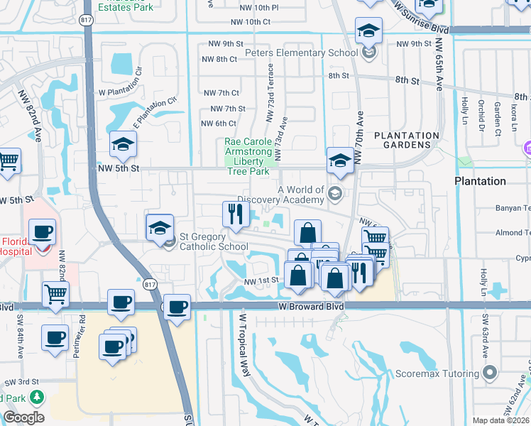 map of restaurants, bars, coffee shops, grocery stores, and more near 7400 Northwest 4th Street in Plantation