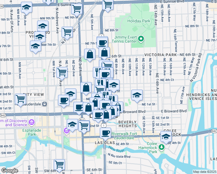 map of restaurants, bars, coffee shops, grocery stores, and more near 304 Northeast 7th Avenue in Fort Lauderdale