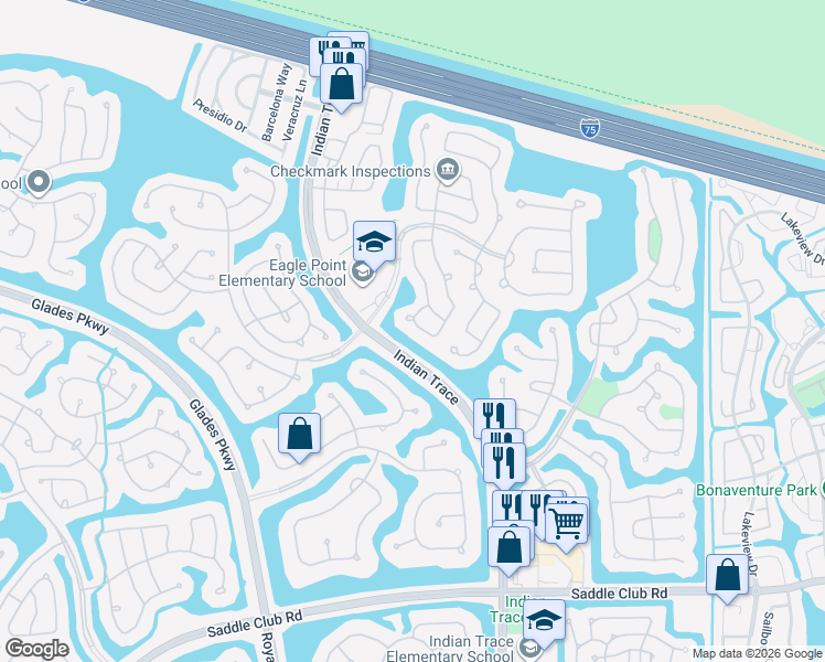 map of restaurants, bars, coffee shops, grocery stores, and more near 206 Indian Trace in Weston