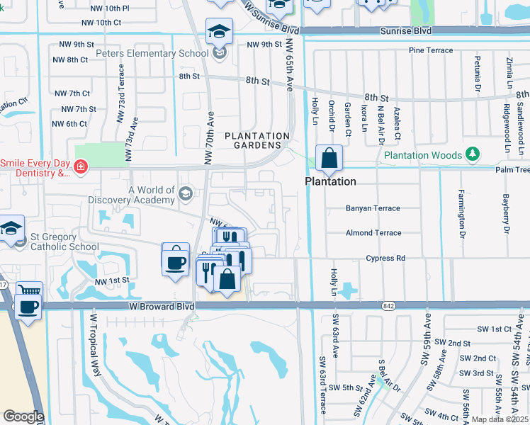 map of restaurants, bars, coffee shops, grocery stores, and more near 255 Northwest 68th Avenue in Plantation