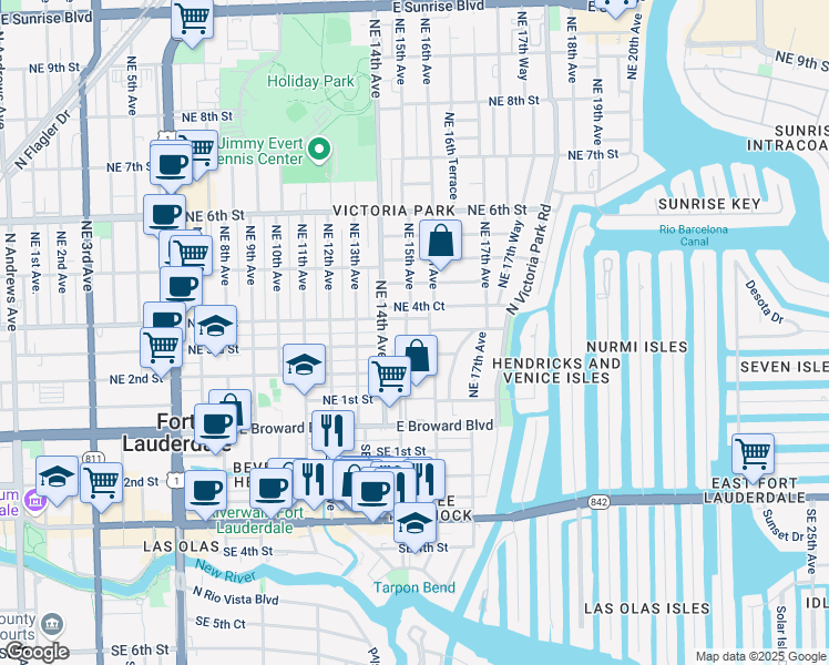 map of restaurants, bars, coffee shops, grocery stores, and more near 301 Northeast 15th Avenue in Fort Lauderdale