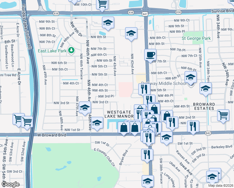 map of restaurants, bars, coffee shops, grocery stores, and more near 4300 Northwest 3rd Place in Plantation
