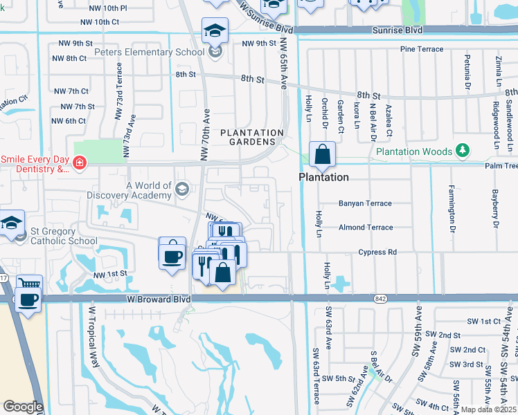 map of restaurants, bars, coffee shops, grocery stores, and more near 255 Northwest 68th Avenue in Plantation