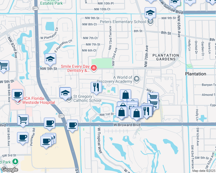 map of restaurants, bars, coffee shops, grocery stores, and more near 7400 Northwest 4th Street in Plantation