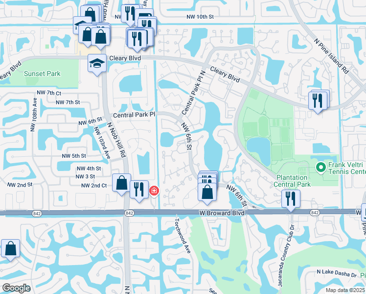 map of restaurants, bars, coffee shops, grocery stores, and more near 117 Northwest 2nd Court in Plantation