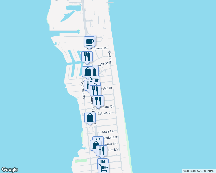 map of restaurants, bars, coffee shops, grocery stores, and more near 123 East Carolyn Drive in South Padre Island