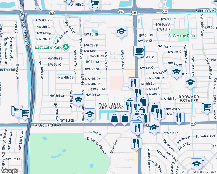 map of restaurants, bars, coffee shops, grocery stores, and more near 4300 Northwest 3rd Place in Plantation
