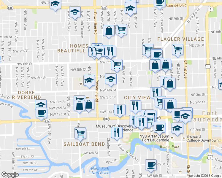 map of restaurants, bars, coffee shops, grocery stores, and more near 704 Northwest 4th Street in Fort Lauderdale