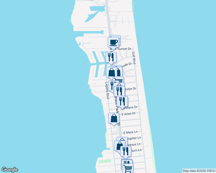 map of restaurants, bars, coffee shops, grocery stores, and more near 107 West Carolyn Drive in South Padre Island