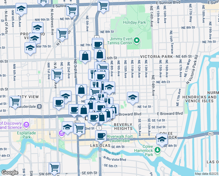 map of restaurants, bars, coffee shops, grocery stores, and more near 304 Northeast 7th Avenue in Fort Lauderdale