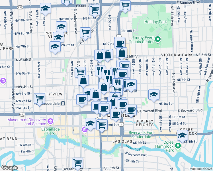 map of restaurants, bars, coffee shops, grocery stores, and more near 425 Northeast 3rd Street in Fort Lauderdale