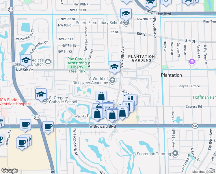 map of restaurants, bars, coffee shops, grocery stores, and more near 7080 Northwest 4th Street in Plantation