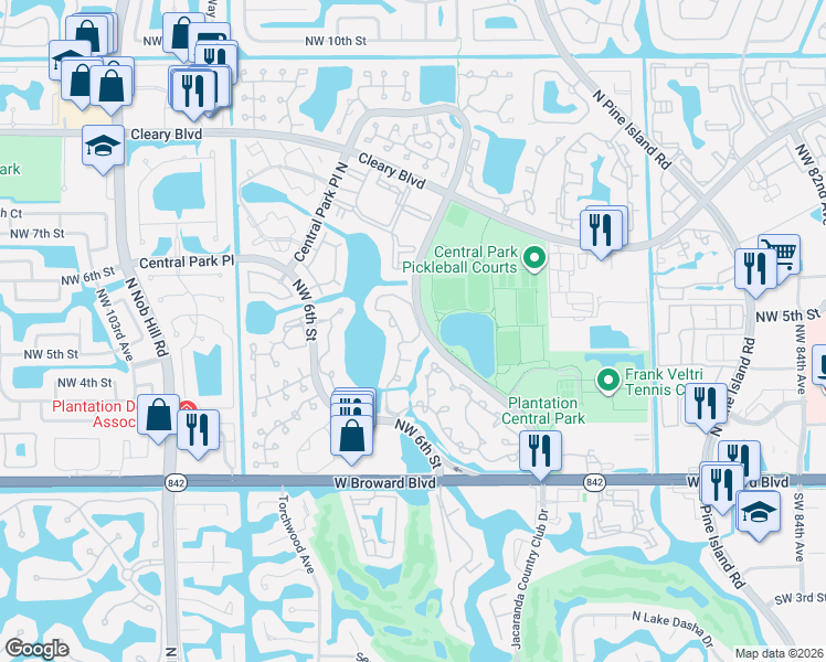 map of restaurants, bars, coffee shops, grocery stores, and more near 352 Northwest 94th Terrace in Plantation