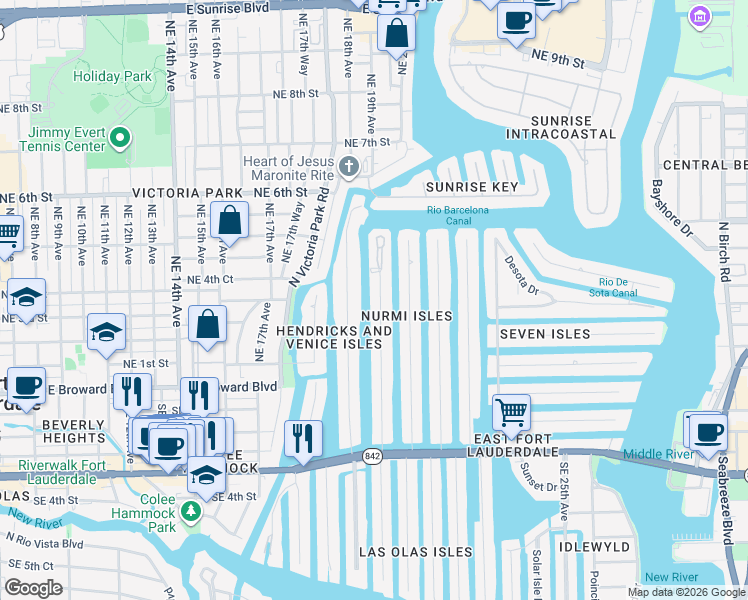 map of restaurants, bars, coffee shops, grocery stores, and more near 133 Isle of Venice Drive in Fort Lauderdale