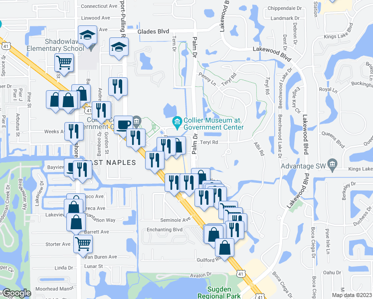 map of restaurants, bars, coffee shops, grocery stores, and more near 163 Palm Drive in Naples
