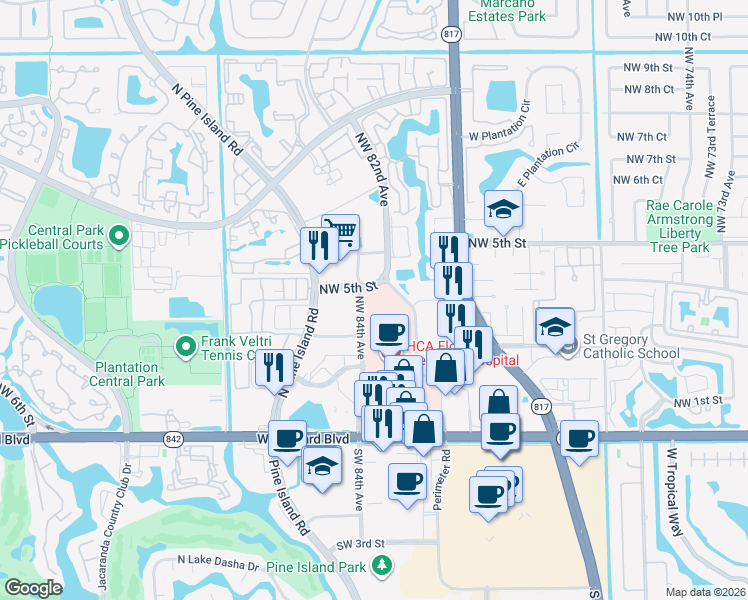 map of restaurants, bars, coffee shops, grocery stores, and more near 350 Northwest 84th Avenue in Plantation