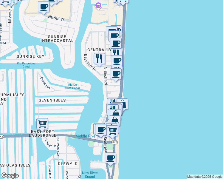 map of restaurants, bars, coffee shops, grocery stores, and more near 3024 Seville Street in Fort Lauderdale