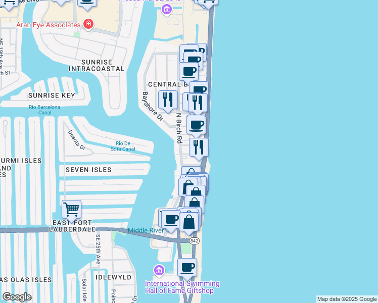 map of restaurants, bars, coffee shops, grocery stores, and more near 3024 Seville Street in Fort Lauderdale