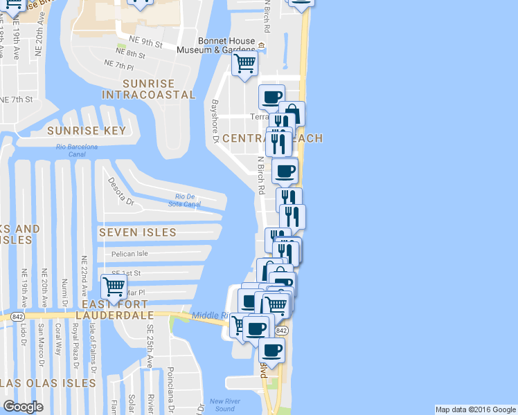 map of restaurants, bars, coffee shops, grocery stores, and more near 35 Seville Street in Fort Lauderdale