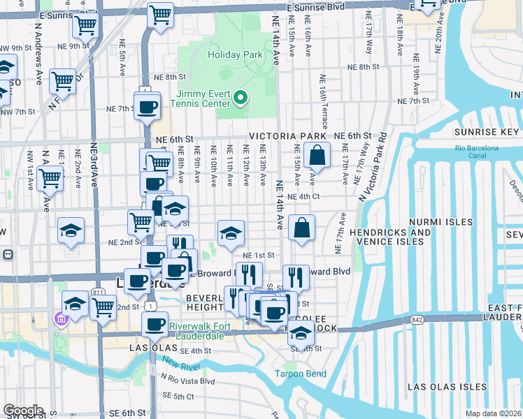 map of restaurants, bars, coffee shops, grocery stores, and more near 1305 Northeast 3rd Street in Fort Lauderdale