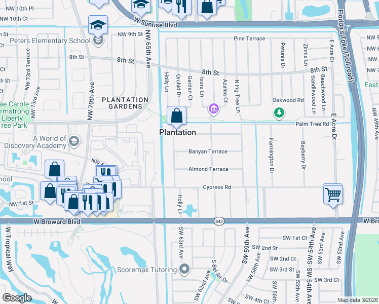map of restaurants, bars, coffee shops, grocery stores, and more near 6200 Banyan Terrace in Plantation