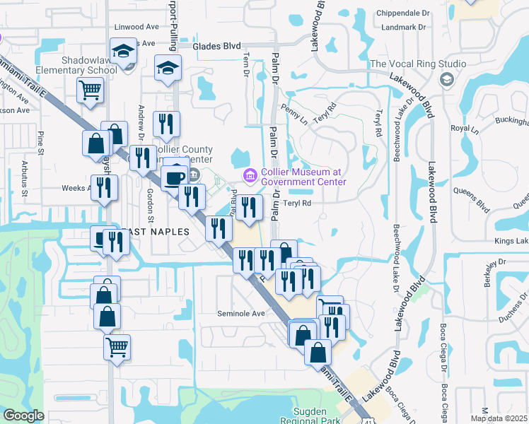 map of restaurants, bars, coffee shops, grocery stores, and more near 163 Palm Drive in Naples