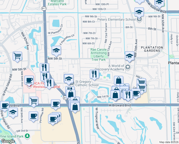map of restaurants, bars, coffee shops, grocery stores, and more near 283 Northwest 74th Way in Plantation