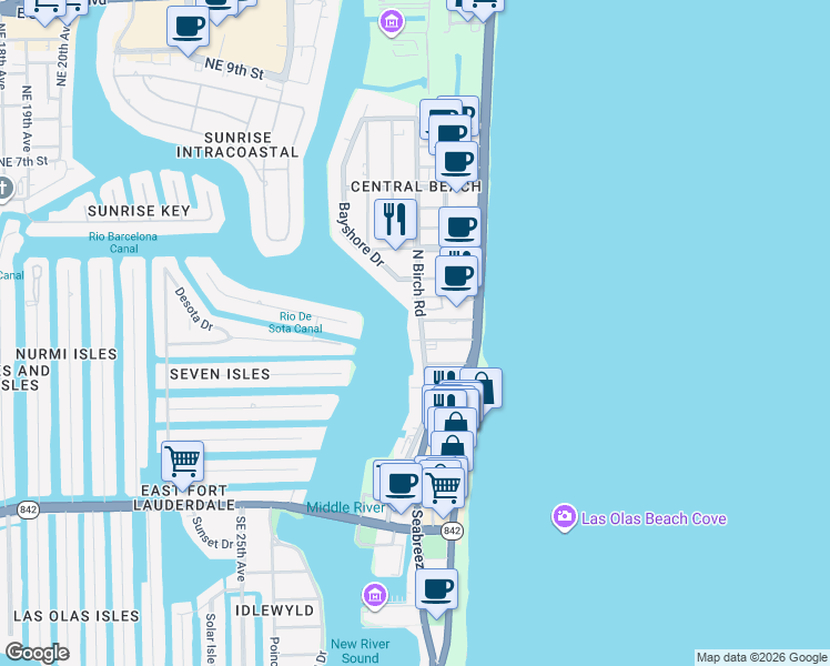 map of restaurants, bars, coffee shops, grocery stores, and more near 215 North Birch Road in Fort Lauderdale