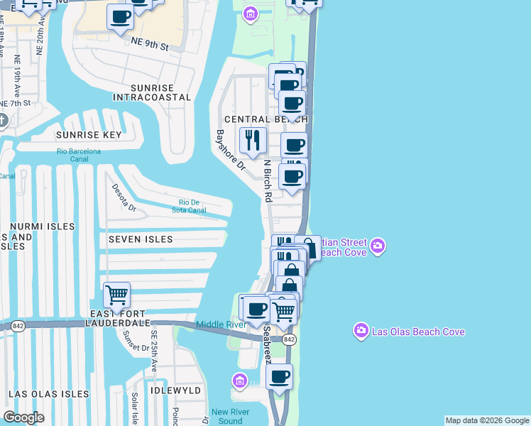 map of restaurants, bars, coffee shops, grocery stores, and more near 35 Seville Street in Fort Lauderdale
