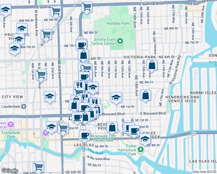 map of restaurants, bars, coffee shops, grocery stores, and more near 1009 Northeast 3rd Street in Fort Lauderdale