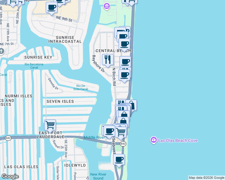 map of restaurants, bars, coffee shops, grocery stores, and more near 215 North Birch Road in Fort Lauderdale