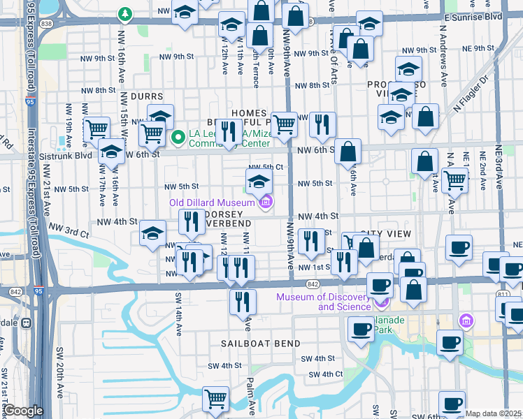 map of restaurants, bars, coffee shops, grocery stores, and more near 1001 Northwest 4th Street in Fort Lauderdale