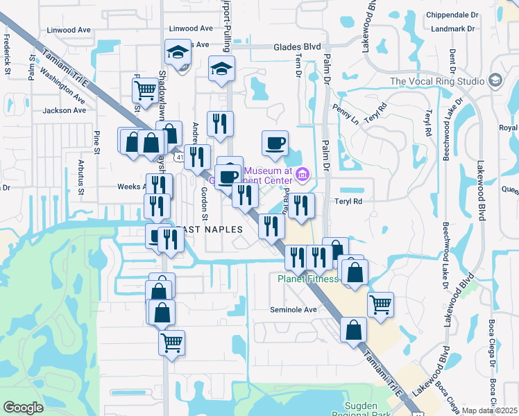 map of restaurants, bars, coffee shops, grocery stores, and more near 3360 Tamiami Trail East in Naples
