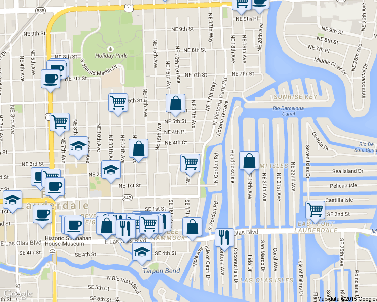 map of restaurants, bars, coffee shops, grocery stores, and more near 309 Northeast 17th Avenue in Fort Lauderdale
