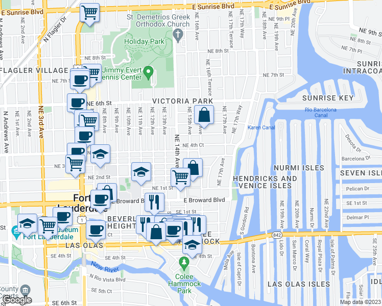 map of restaurants, bars, coffee shops, grocery stores, and more near 301 Northeast 15th Avenue in Fort Lauderdale